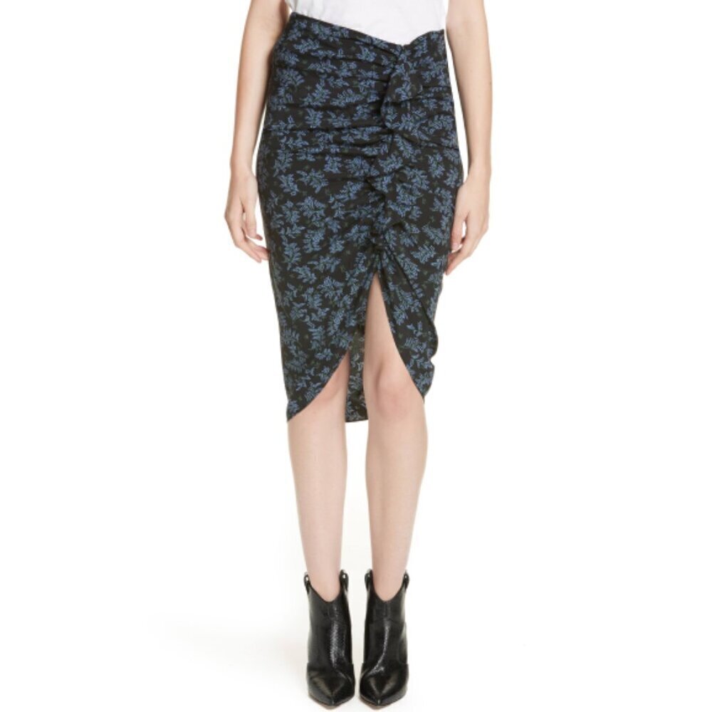 Veronica Beard 'Hazel' Floral-Print Ruched Silk Skirt, Black/Blue